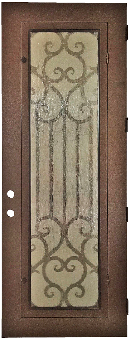 Amante style Wrought Ornamental Iron Entry security Door with hinged glass, rod iron design, powder coat and insect screen.