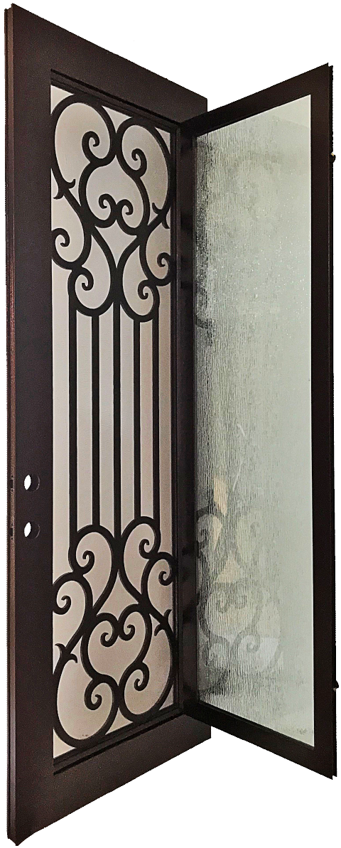Amante style Wrought Ornamental Iron Entry security Door with hinged glass, rod iron design, powder coat and insect screen.
