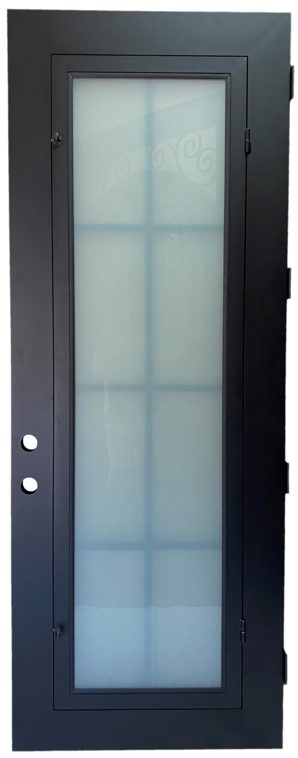 Ashton style Wrought Ornamental Iron Entry security Door with hinged glass, rod iron design, powder coat and insect screen.