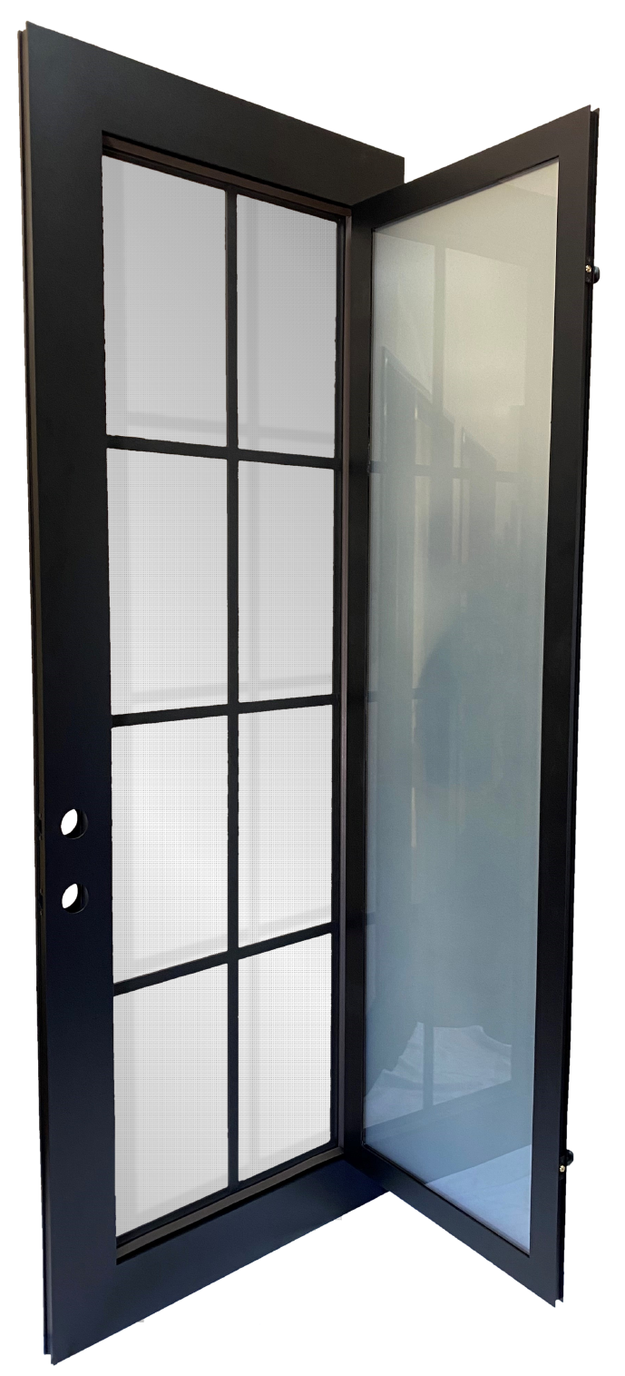 Ashton style Wrought Ornamental Iron Entry security Door with hinged glass, rod iron design, powder coat and insect screen.
