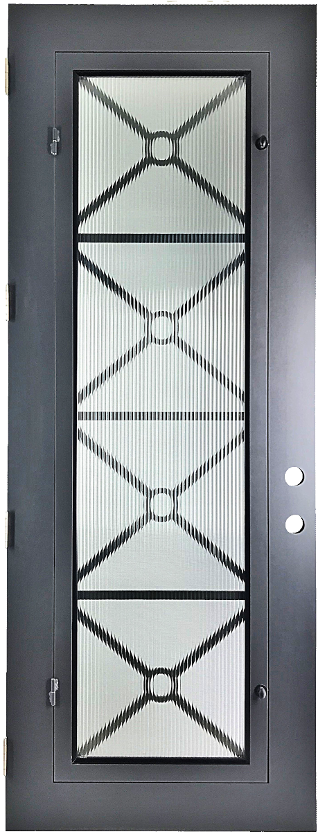 Austen style Wrought Ornamental Iron Entry security Door with hinged glass, rod iron design, powder coat and insect screen.