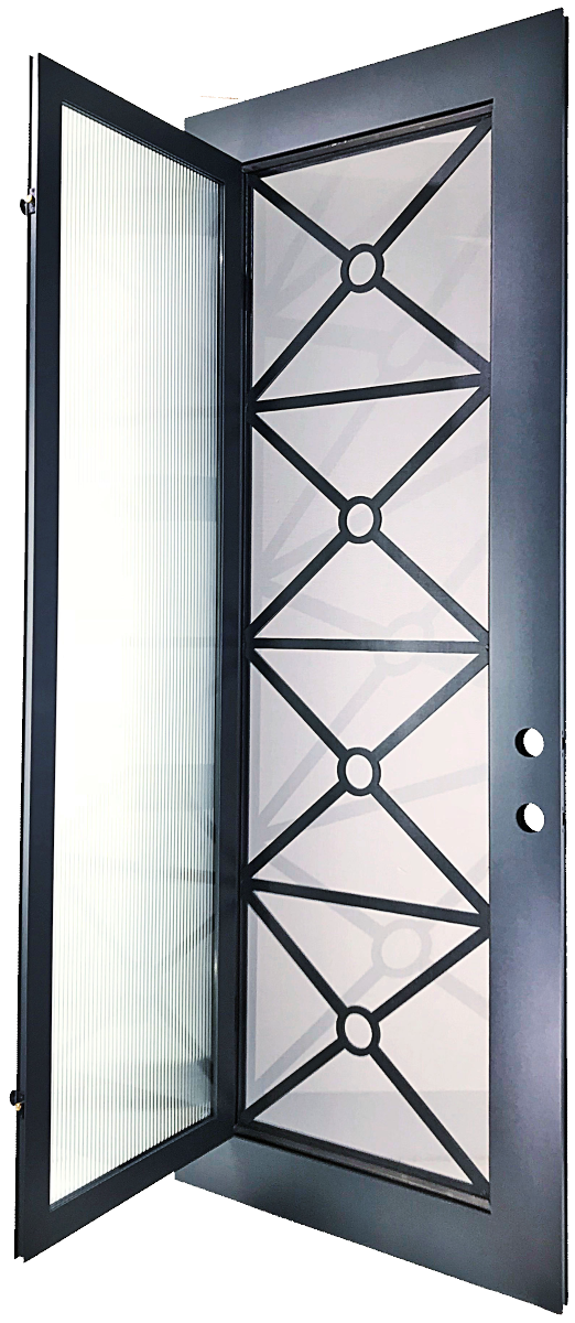 Austen style Wrought Ornamental Iron Entry security Door with hinged glass, rod iron design, powder coat and insect screen.