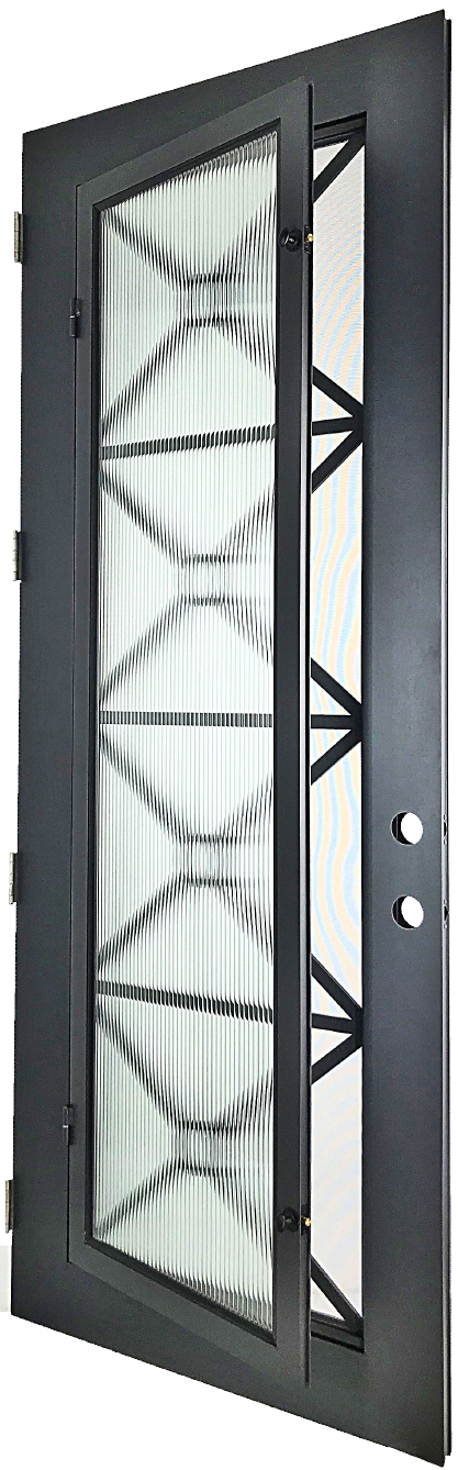 Austen style Wrought Ornamental Iron Entry security Door with hinged glass, rod iron design, powder coat and insect screen.