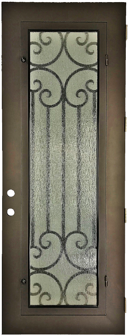 Callisto style Wrought Ornamental Iron Entry security Door with hinged glass, rod iron design, powder coat and insect screen.