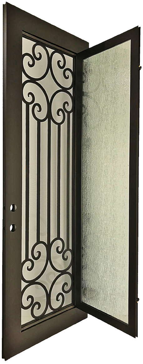 Callisto style Wrought Ornamental Iron Entry security Door with hinged glass, rod iron design, powder coat and insect screen.