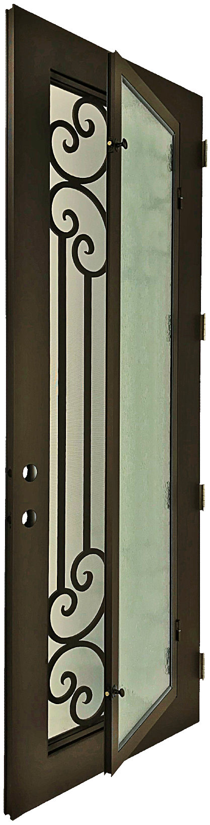 Callisto style Wrought Ornamental Iron Entry security Door with hinged glass, rod iron design, powder coat and insect screen.