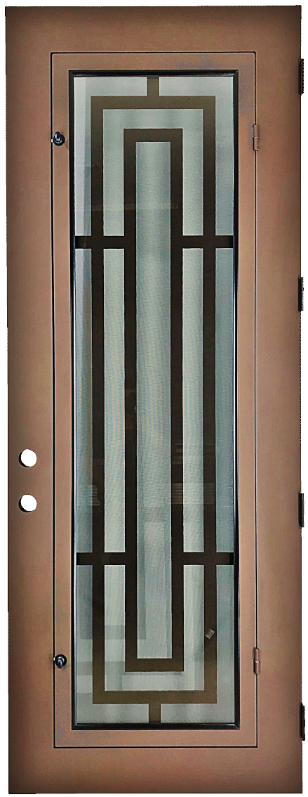 Harper style Wrought Ornamental Iron Entry security Door with hinged glass, rod iron design, powder coat and insect screen.