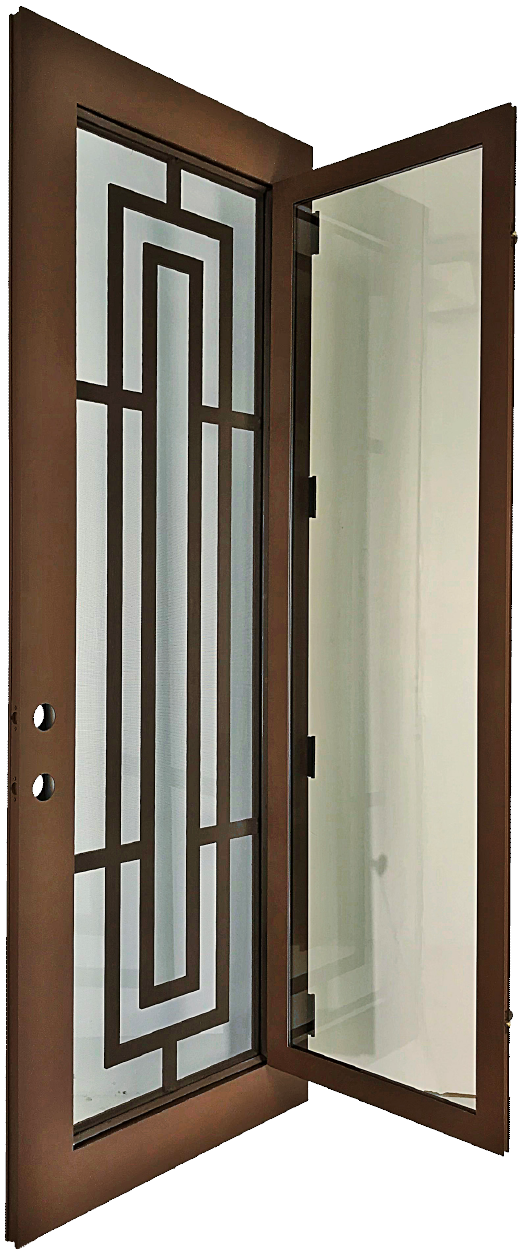 Harper style Wrought Ornamental Iron Entry security Door with hinged glass, rod iron design, powder coat and insect screen.