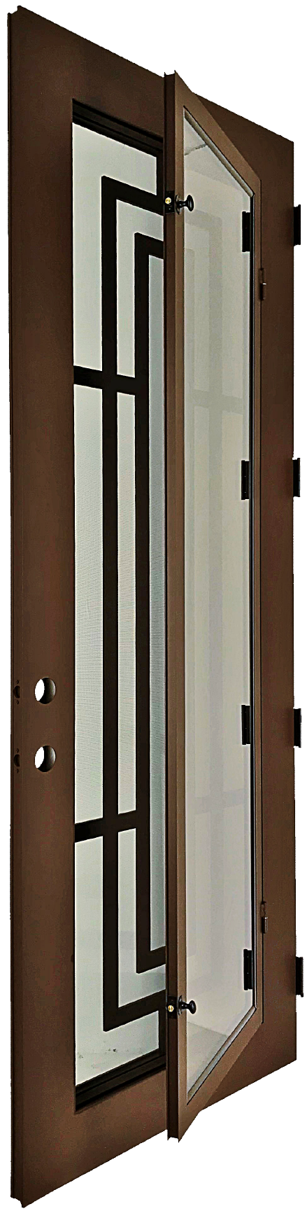Harper style Wrought Ornamental Iron Entry security Door with hinged glass, rod iron design, powder coat and insect screen.