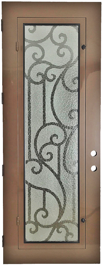Janeva style Wrought Ornamental Iron Entry security Door with hinged glass, rod iron design, powder coat and insect screen.