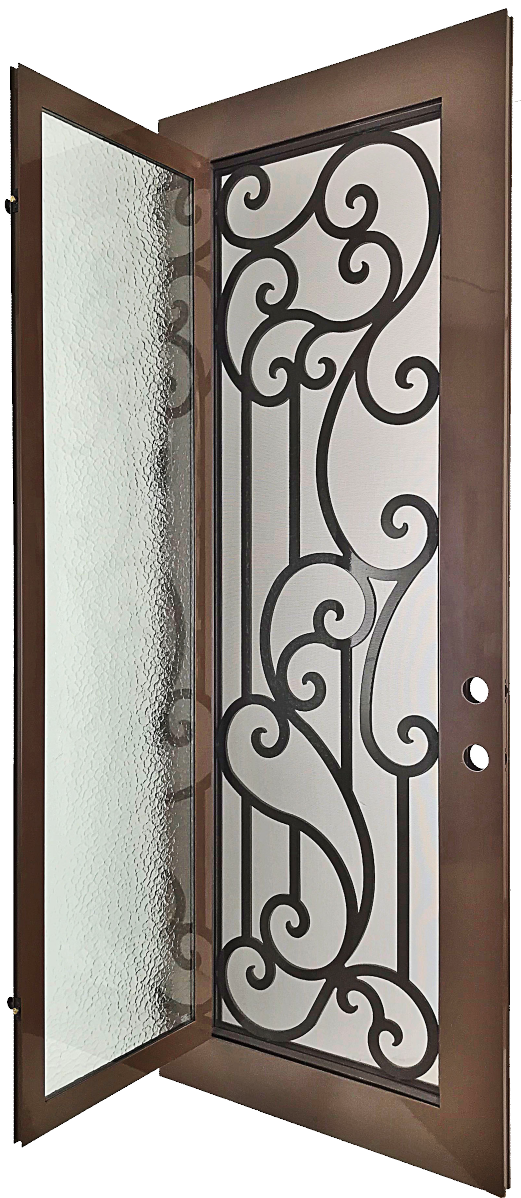 Janeva style Wrought Ornamental Iron Entry security Door with hinged glass, rod iron design, powder coat and insect screen.