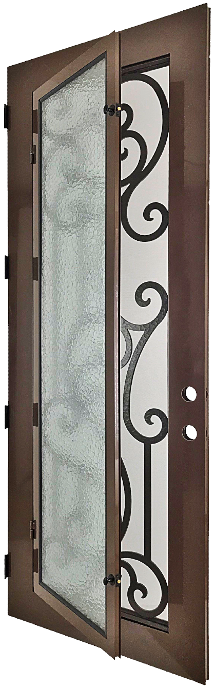 Janeva style Wrought Ornamental Iron Entry security Door with hinged glass, rod iron design, powder coat and insect screen.