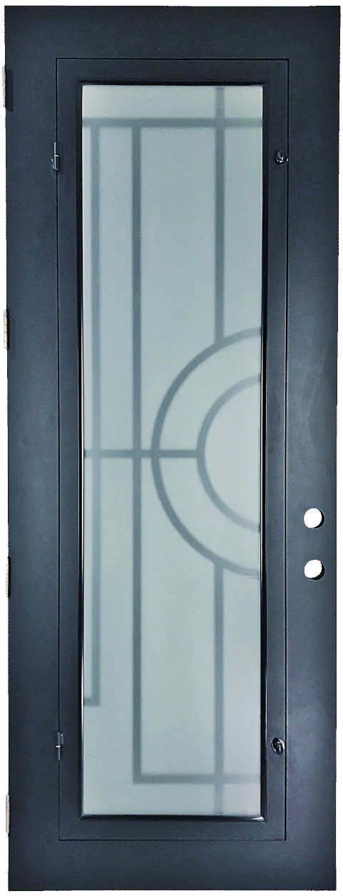 Nori style Wrought Ornamental Iron Entry security Door with hinged glass, rod iron design, powder coat and insect screen.