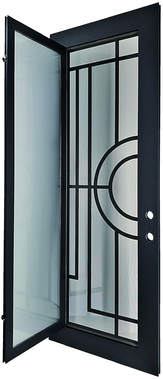 Nori style Wrought Ornamental Iron Entry security Door with hinged glass, rod iron design, powder coat and insect screen.