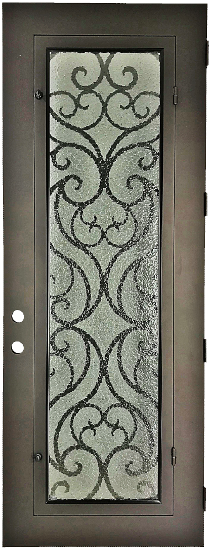 Olivie style Wrought Ornamental Iron Entry security Door with hinged glass, rod iron design, powder coat and insect screen.