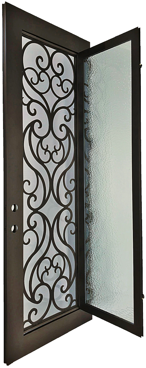 Olivie style Wrought Ornamental Iron Entry security Door with hinged glass, rod iron design, powder coat and insect screen.