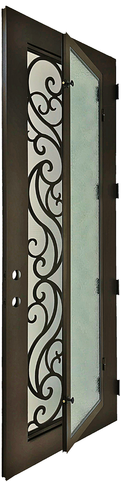 Olivie style Wrought Ornamental Iron Entry security Door with hinged glass, rod iron design, powder coat and insect screen.