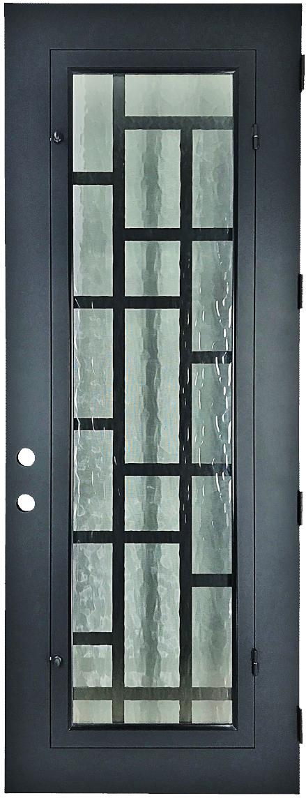 Rochester style Wrought Ornamental Iron Entry security Door with hinged glass, rod iron design, powder coat and insect screen.