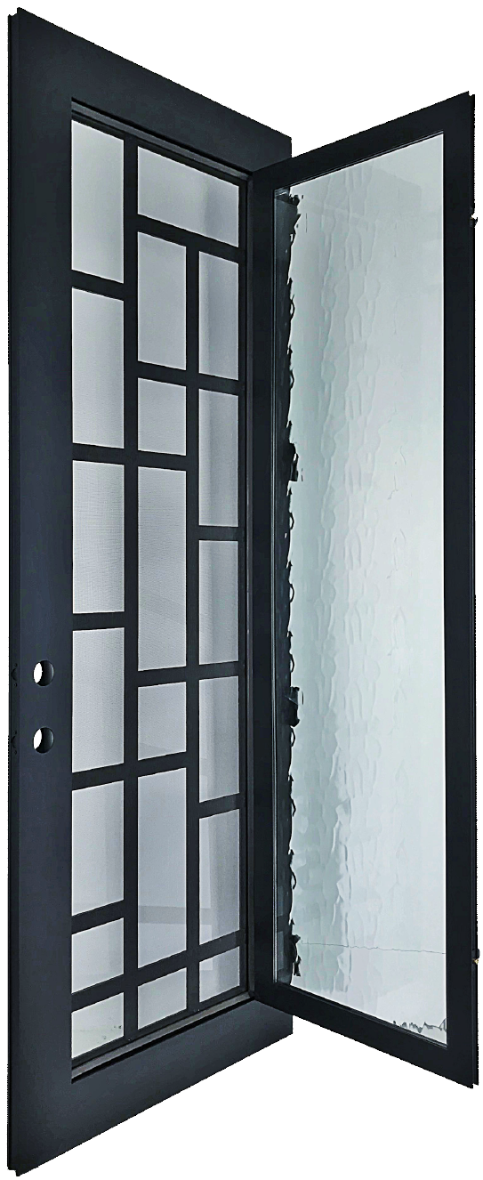 Rochester style Wrought Ornamental Iron Entry security Door with hinged glass, rod iron design, powder coat and insect screen.
