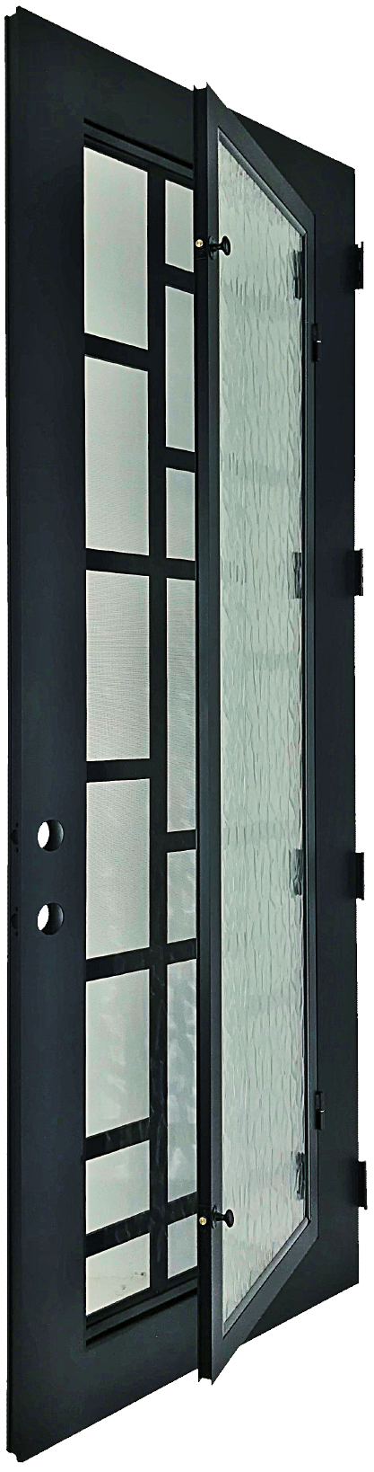 Rochester style Wrought Ornamental Iron Entry security Door with hinged glass, rod iron design, powder coat and insect screen.