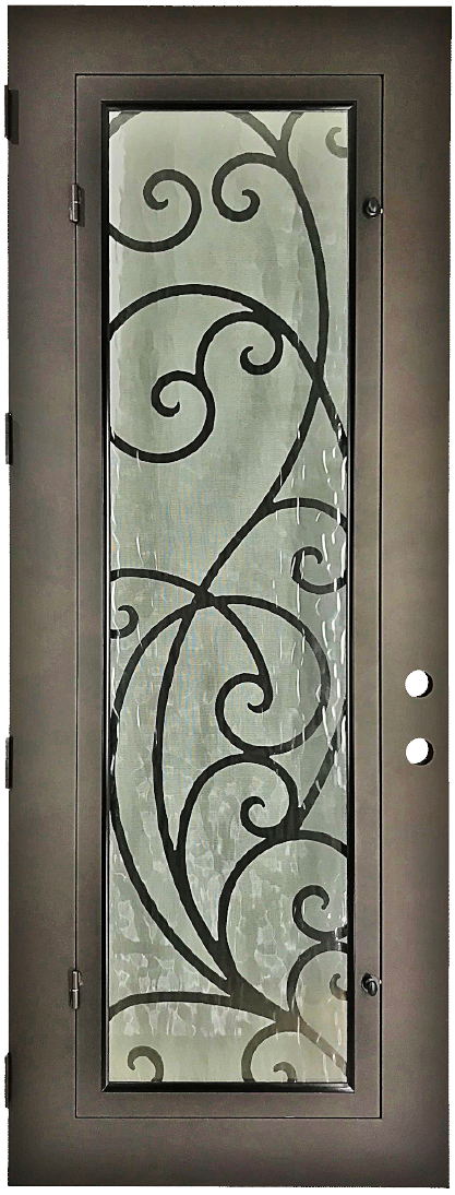 Sypress style Wrought Ornamental Iron Entry security Door with hinged glass, rod iron design, powder coat and insect screen.
