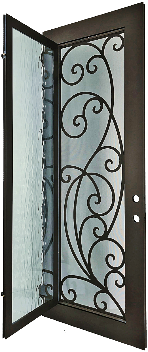 Sypress style Wrought Ornamental Iron Entry security Door with hinged glass, rod iron design, powder coat and insect screen.