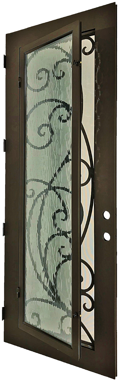 Sypress style Wrought Ornamental Iron Entry security Door with hinged glass, rod iron design, powder coat and insect screen.