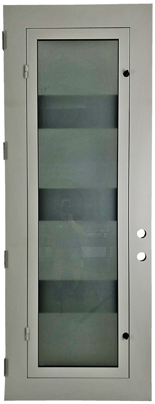 Ventura style Wrought Ornamental Iron Entry security Door with hinged glass, rod iron design, powder coat and insect screen.
