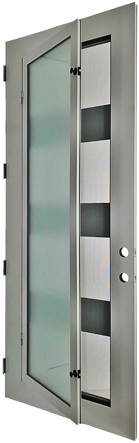 Ventura style Wrought Ornamental Iron Entry security Door with hinged glass, rod iron design, powder coat and insect screen.