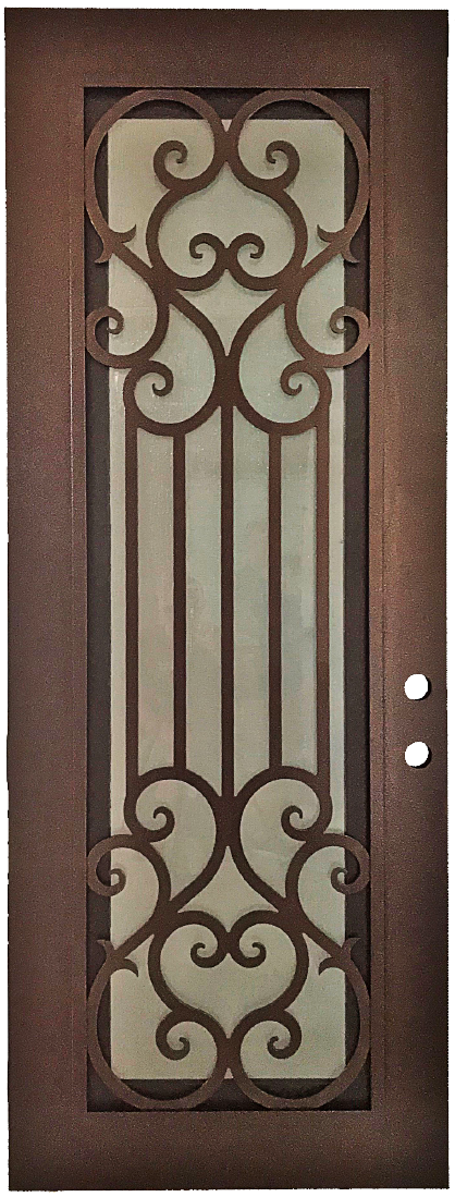 Amante style Wrought Ornamental Iron Entry security Door with hinged glass, rod iron design, powder coat and insect screen. 