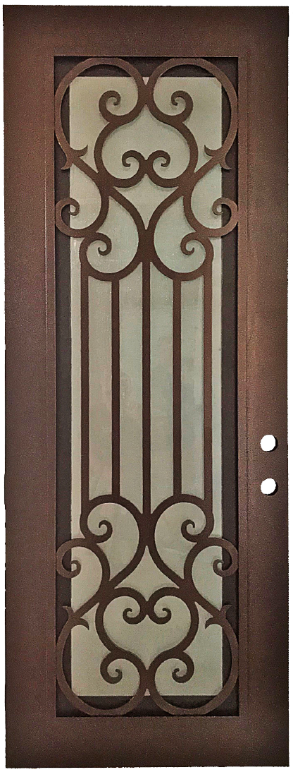 Amante style Wrought Ornamental Iron Entry security Door with hinged glass, rod iron design, powder coat and insect screen. 
