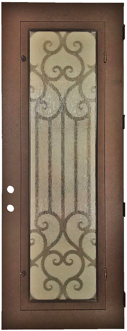 Amante style Wrought Ornamental Iron Entry security Door with hinged glass, rod iron design, powder coat and insect screen. 