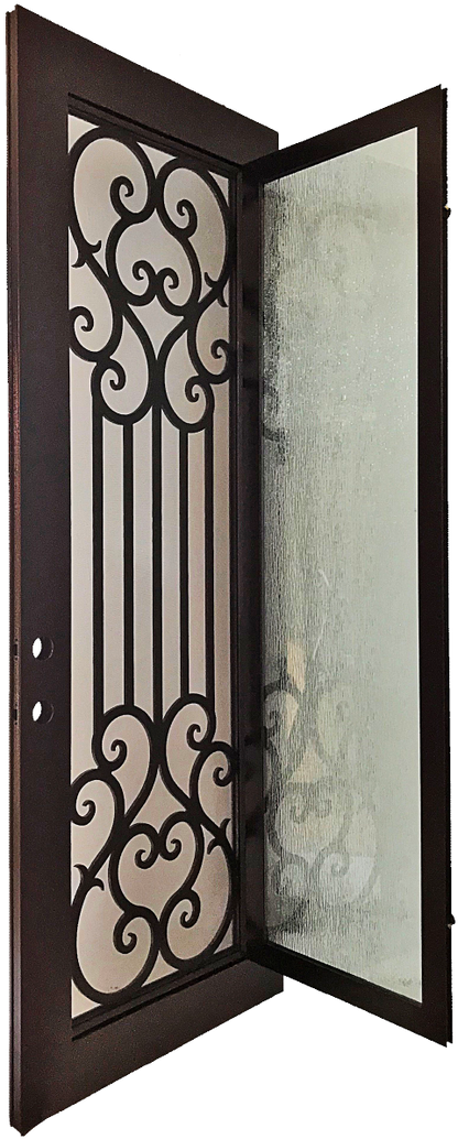Amante style Wrought Ornamental Iron Entry security Door with hinged glass, rod iron design, powder coat and insect screen. 