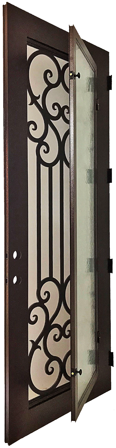 Amante style Wrought Ornamental Iron Entry security Door with hinged glass, rod iron design, powder coat and insect screen.