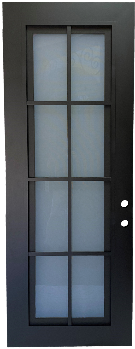 Ashton style Wrought Ornamental Iron Entry security Door with hinged glass, rod iron design, powder coat and insect screen. 