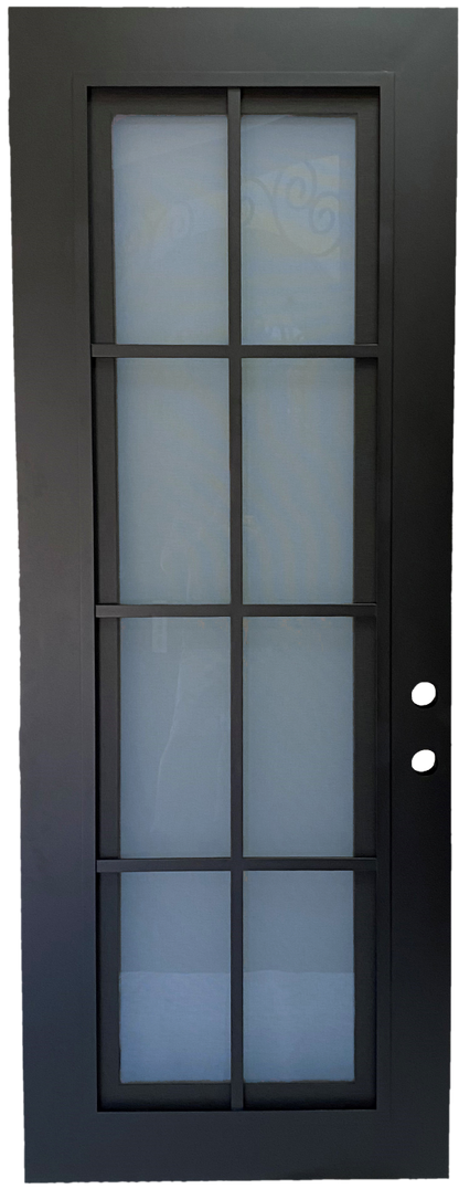 Ashton style Wrought Ornamental Iron Entry security Door with hinged glass, rod iron design, powder coat and insect screen. 