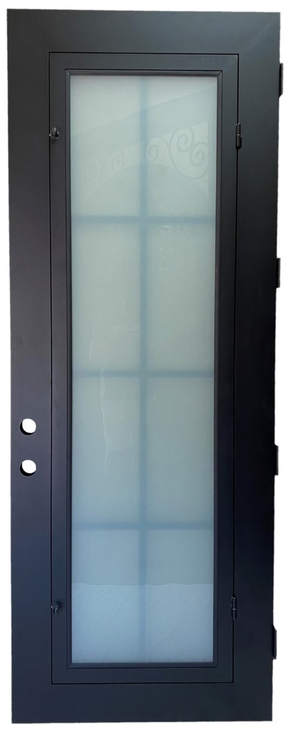 Ashton style Wrought Ornamental Iron Entry security Door with hinged glass, rod iron design, powder coat and insect screen. 
