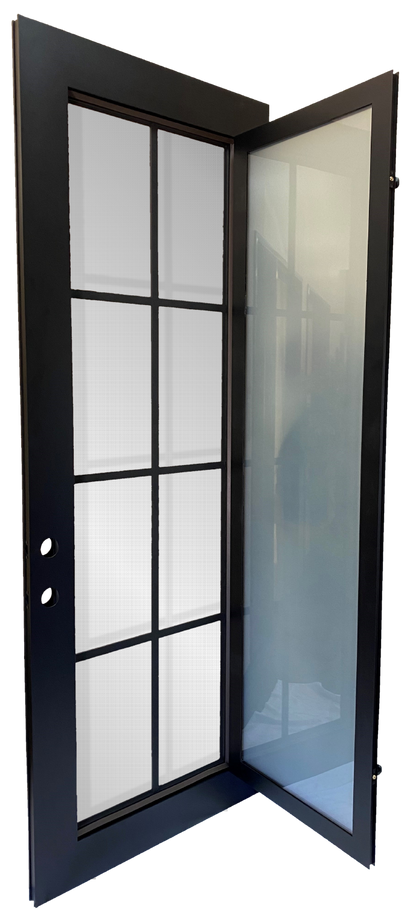 Ashton style Wrought Ornamental Iron Entry security Door with hinged glass, rod iron design, powder coat and insect screen. 