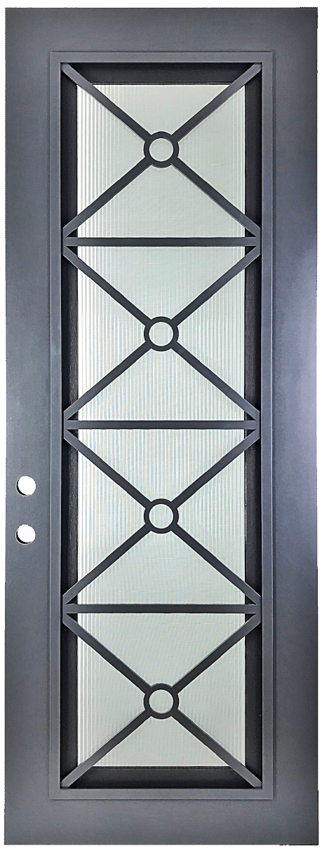 Austen style Wrought Ornamental Iron Entry security Door with hinged glass, rod iron design, powder coat and insect screen. 