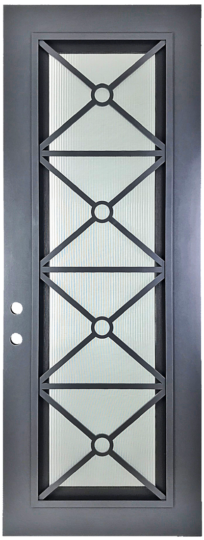 Austen style Wrought Ornamental Iron Entry security Door with hinged glass, rod iron design, powder coat and insect screen. 