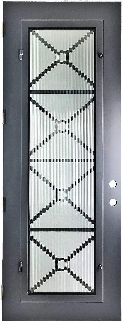 Austen style Wrought Ornamental Iron Entry security Door with hinged glass, rod iron design, powder coat and insect screen. 