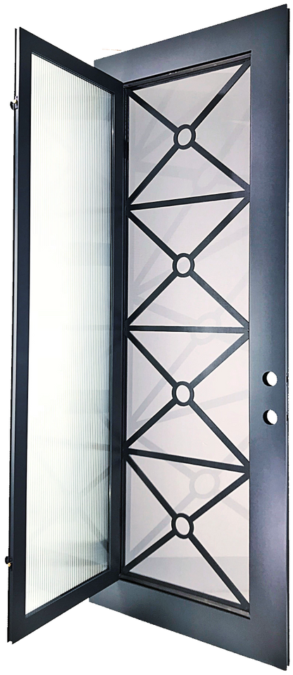 Austen style Wrought Ornamental Iron Entry security Door with hinged glass, rod iron design, powder coat and insect screen. 