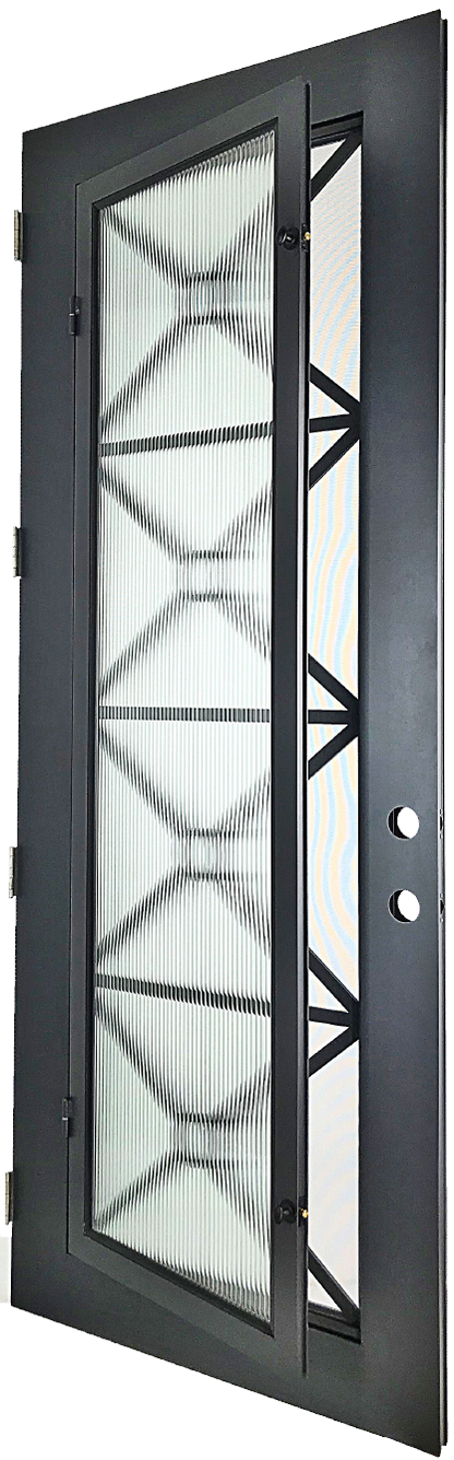 Austen style Wrought Ornamental Iron Entry security Door with hinged glass, rod iron design, powder coat and insect screen. 