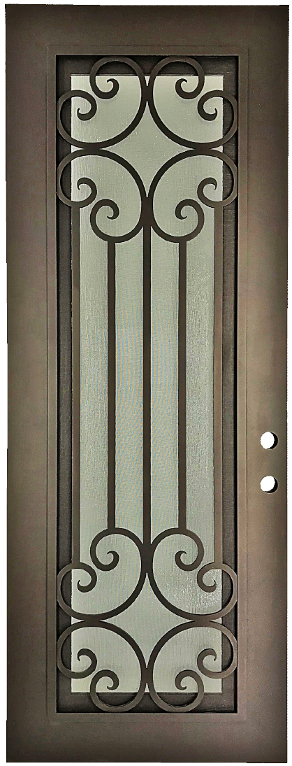 Callisto style Wrought Ornamental Iron Entry security Door with hinged glass, rod iron design, powder coat and insect screen. 