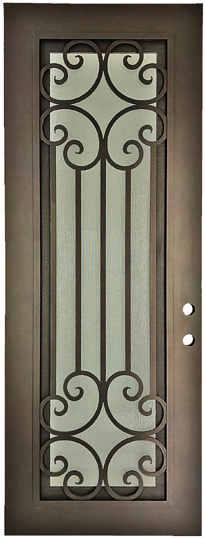 Callisto style Wrought Ornamental Iron Entry security Door with hinged glass, rod iron design, powder coat and insect screen. 