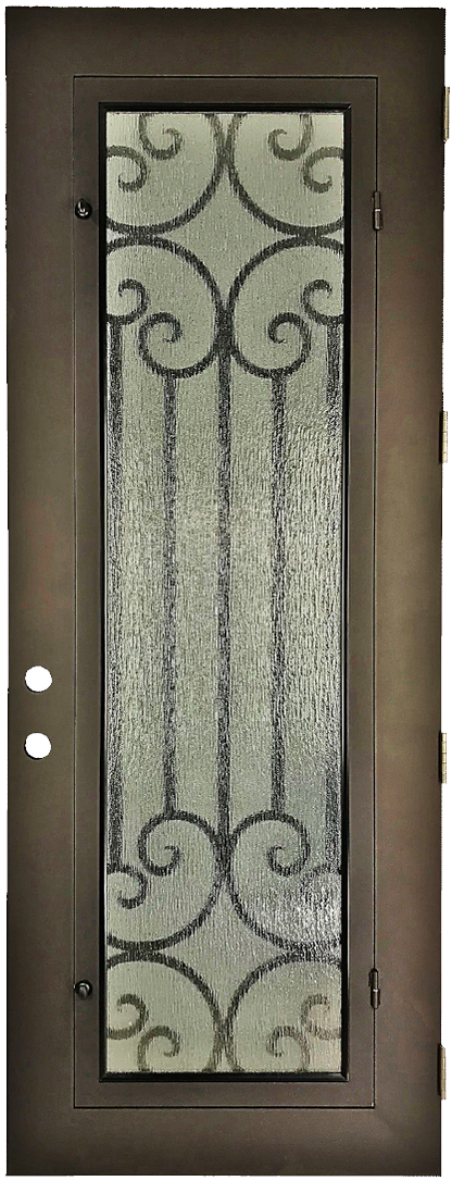 Callisto style Wrought Ornamental Iron Entry security Door with hinged glass, rod iron design, powder coat and insect screen. 