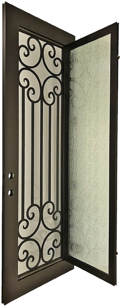 Callisto style Wrought Ornamental Iron Entry security Door with hinged glass, rod iron design, powder coat and insect screen. 