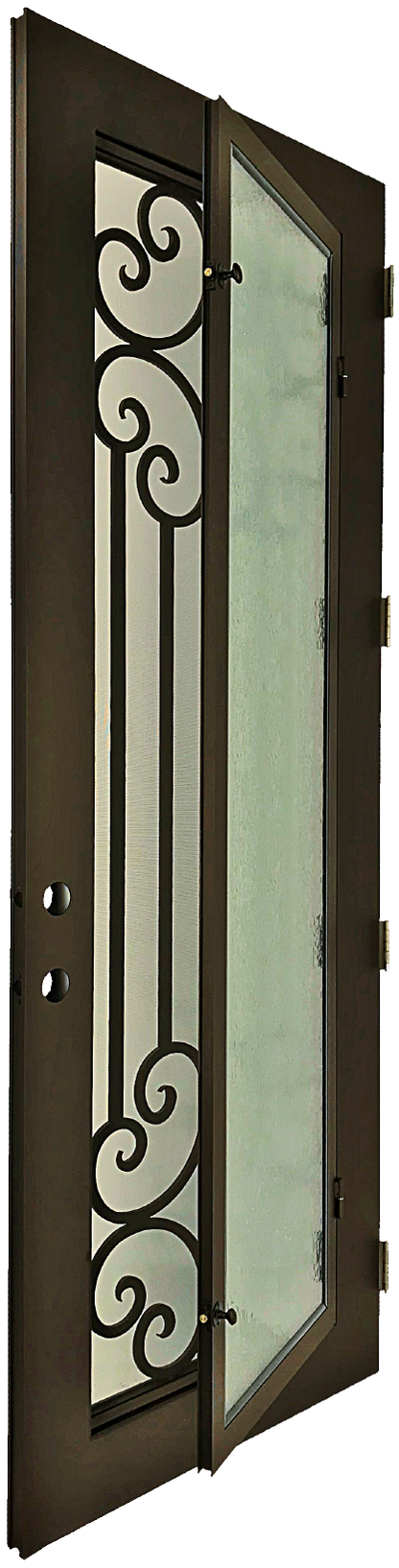 Callisto style Wrought Ornamental Iron Entry security Door with hinged glass, rod iron design, powder coat and insect screen. 