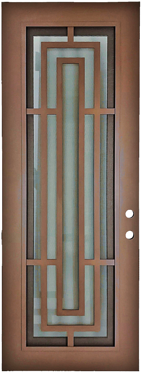 Harper style Wrought Ornamental Iron Entry security Door with hinged glass, rod iron design, powder coat and insect screen. 