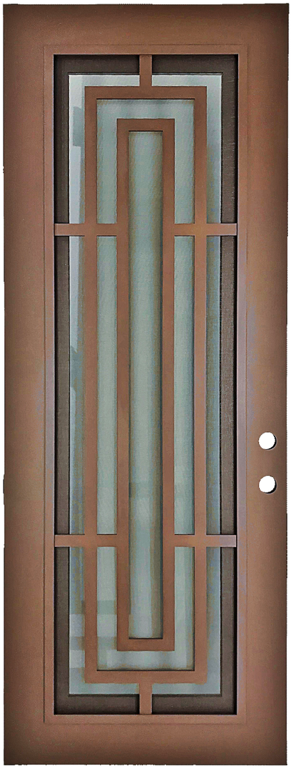 Harper style Wrought Ornamental Iron Entry security Door with hinged glass, rod iron design, powder coat and insect screen. 